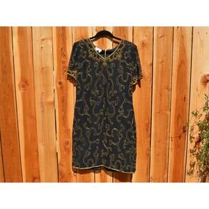 Vintage 1980s JMD New York Petite Black and Gold Beaded Cocktail Dress